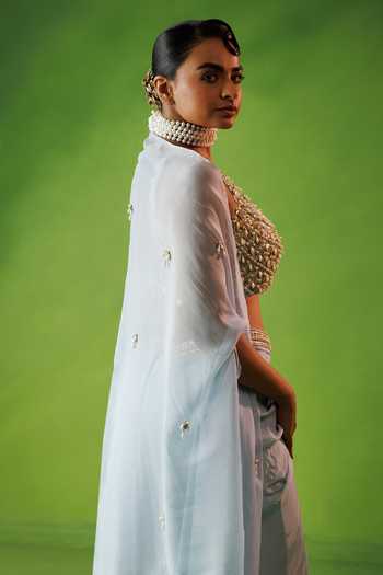 Kisakshi Jaipur_Blue Organza, Crepe Scoop Neck Cape And Draped Skirt Set _Online_at_Aza_Fashions