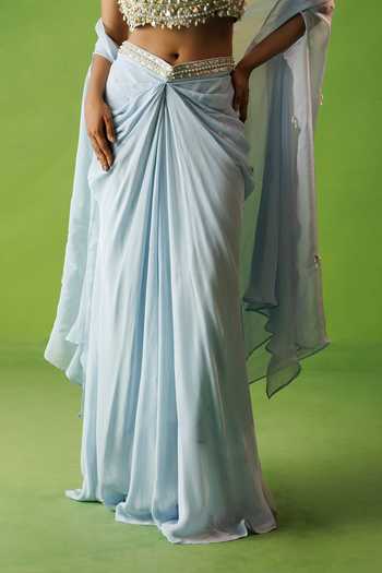 Buy_Kisakshi Jaipur_Blue Organza, Crepe Scoop Neck Cape And Draped Skirt Set _Online_at_Aza_Fashions