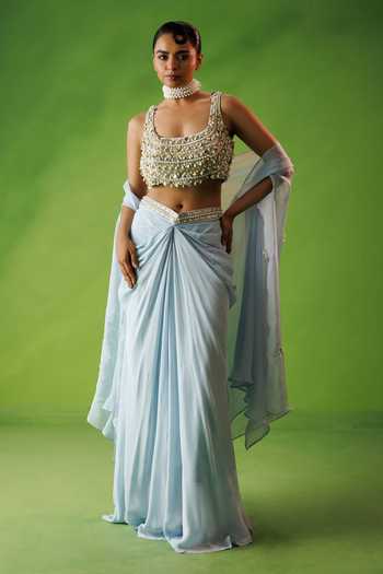 Shop_Kisakshi Jaipur_Blue Organza, Crepe Scoop Neck Cape And Draped Skirt Set _Online_at_Aza_Fashions