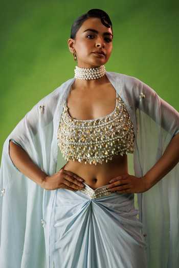 Kisakshi Jaipur_Blue Organza, Crepe Scoop Neck Cape And Draped Skirt Set _at_Aza_Fashions