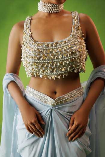 Buy_Kisakshi Jaipur_Blue Organza, Crepe Scoop Neck Cape And Draped Skirt Set 