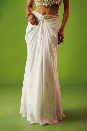 Kisakshi Jaipur_Ivory Crepe Scoop Neck Embroidered Blouse And Skirt Set _Online_at_Aza_Fashions