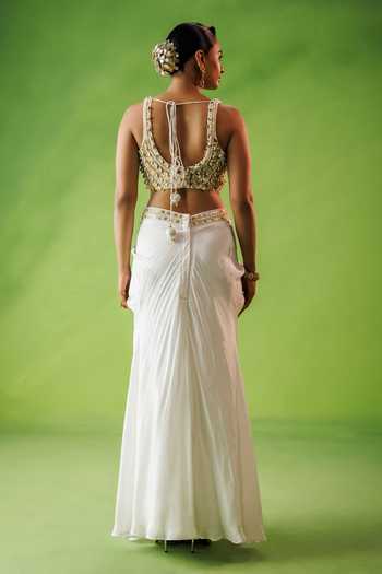 Shop_Kisakshi Jaipur_Ivory Crepe Scoop Neck Embroidered Blouse And Skirt Set _at_Aza_Fashions