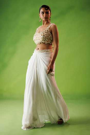Buy_Kisakshi Jaipur_Ivory Crepe Scoop Neck Embroidered Blouse And Skirt Set _Online_at_Aza_Fashions
