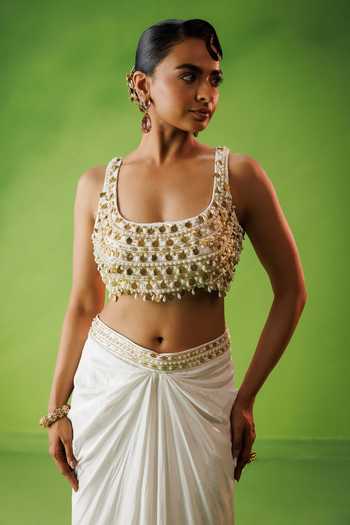 Shop_Kisakshi Jaipur_Ivory Crepe Scoop Neck Embroidered Blouse And Skirt Set _Online_at_Aza_Fashions