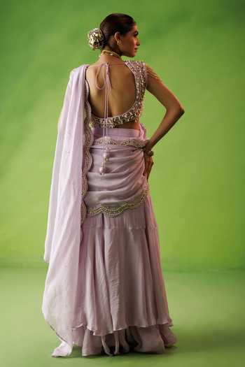 Shop_Kisakshi Jaipur_Lavender Organza, Chanderi Pre-draped Ruffle Saree And Embroidered Blouse Set _at_Aza_Fashions