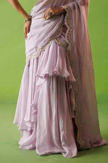 Kisakshi Jaipur_Lavender Organza, Chanderi Pre-draped Ruffle Saree And Embroidered Blouse Set _Online_at_Aza_Fashions