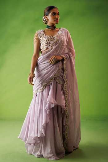 Buy_Kisakshi Jaipur_Lavender Organza, Chanderi Pre-draped Ruffle Saree And Embroidered Blouse Set _Online_at_Aza_Fashions