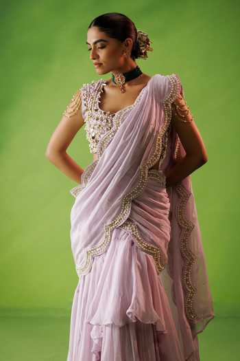 Shop_Kisakshi Jaipur_Lavender Organza, Chanderi Pre-draped Ruffle Saree And Embroidered Blouse Set _Online_at_Aza_Fashions