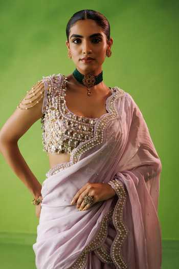 Kisakshi Jaipur_Lavender Organza, Chanderi Pre-draped Ruffle Saree And Embroidered Blouse Set _at_Aza_Fashions