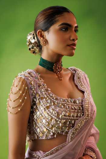 Buy_Kisakshi Jaipur_Lavender Organza, Chanderi Pre-draped Ruffle Saree And Embroidered Blouse Set 
