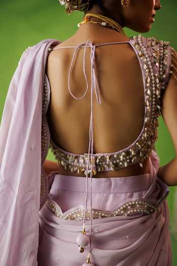 Shop_Kisakshi Jaipur_Lavender Organza, Chanderi Pre-draped Ruffle Saree And Embroidered Blouse Set 