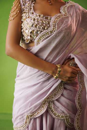 Kisakshi Jaipur_Lavender Organza, Chanderi Pre-draped Ruffle Saree And Embroidered Blouse Set _Online