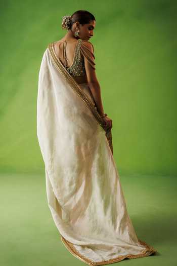 Shop_Kisakshi Jaipur_Beige Silk, Tissue Square Neck Hand Embellished Saree And Blouse Set _at_Aza_Fashions