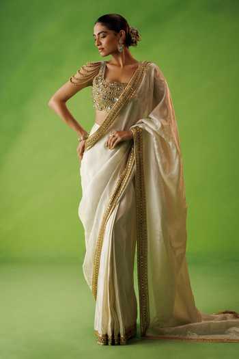 Kisakshi Jaipur_Beige Silk, Tissue Square Neck Hand Embellished Saree And Blouse Set _Online_at_Aza_Fashions