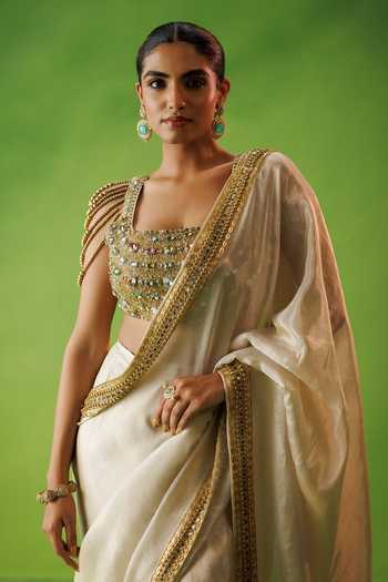 Buy_Kisakshi Jaipur_Beige Silk, Tissue Square Neck Hand Embellished Saree And Blouse Set _Online_at_Aza_Fashions