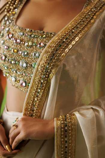 Shop_Kisakshi Jaipur_Beige Silk, Tissue Square Neck Hand Embellished Saree And Blouse Set _Online_at_Aza_Fashions