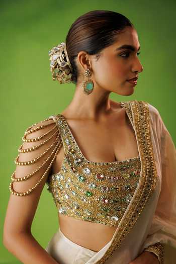 Kisakshi Jaipur_Beige Silk, Tissue Square Neck Hand Embellished Saree And Blouse Set _at_Aza_Fashions