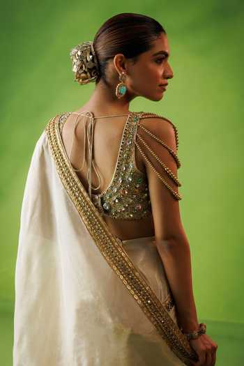 Buy_Kisakshi Jaipur_Beige Silk, Tissue Square Neck Hand Embellished Saree And Blouse Set 