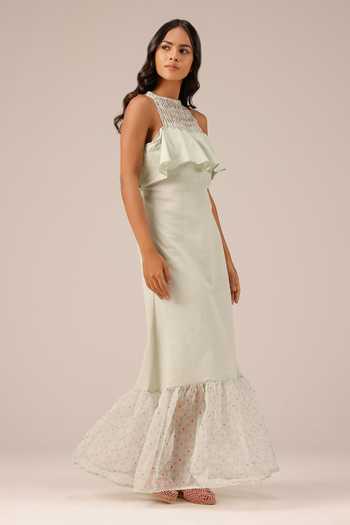 OurDve_Green Halter , High Palm Pop Hand Woven Maxi Dress _Online_at_Aza_Fashions