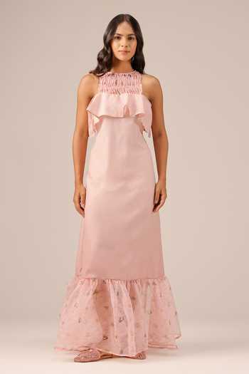OurDve_Pink Linen Halter , Shawl Palm Pop Dress And Jacket Set _Online_at_Aza_Fashions