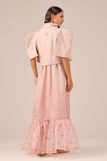 Shop_OurDve_Pink Linen Halter , Shawl Palm Pop Dress And Jacket Set _at_Aza_Fashions