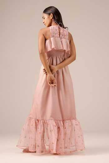 Buy_OurDve_Pink Linen Halter , Shawl Palm Pop Dress And Jacket Set _Online_at_Aza_Fashions