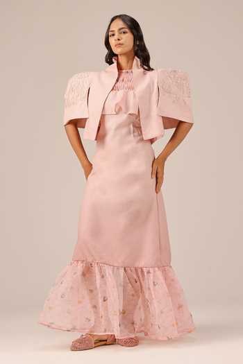 Shop_OurDve_Pink Linen Halter , Shawl Palm Pop Dress And Jacket Set _Online_at_Aza_Fashions