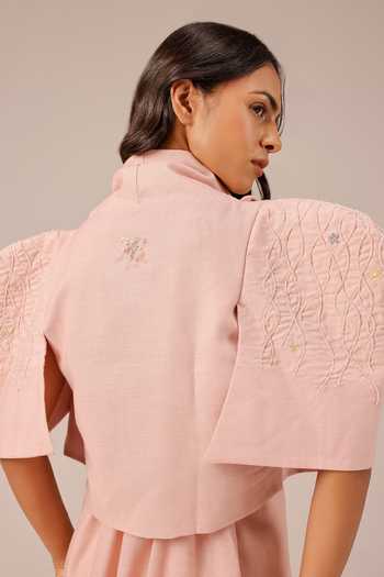 OurDve_Pink Linen Halter , Shawl Palm Pop Dress And Jacket Set _at_Aza_Fashions