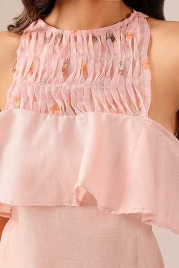 Buy_OurDve_Pink Linen Halter , Shawl Palm Pop Dress And Jacket Set 