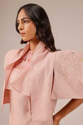 Shop_OurDve_Pink Linen Halter , Shawl Palm Pop Dress And Jacket Set 