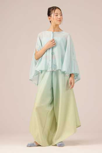 Shop_OurDve_Blue Linen Round Neck Golden Dune Mull And Top Set _Online_at_Aza_Fashions