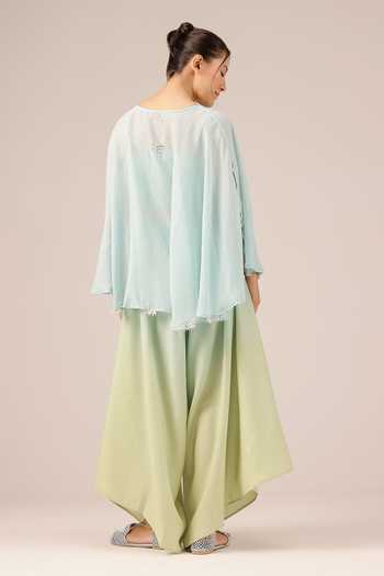 Shop_OurDve_Blue Linen Round Neck Golden Dune Mull And Top Set _at_Aza_Fashions
