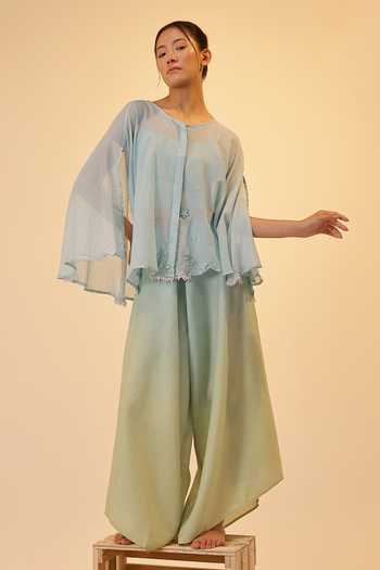 Buy_OurDve_Blue Linen Round Neck Golden Dune Mull And Top Set _at_Aza_Fashions