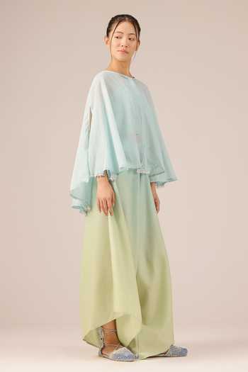 Buy_OurDve_Blue Linen Round Neck Golden Dune Mull And Top Set _Online