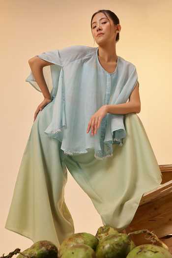 Shop_OurDve_Blue Linen Round Neck Golden Dune Mull And Top Set _Online