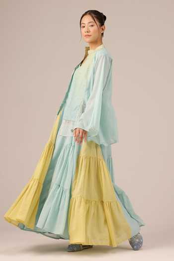 Buy_OurDve_Blue Mandarin Collar Blush Pearl Mul Jacket _Online_at_Aza_Fashions