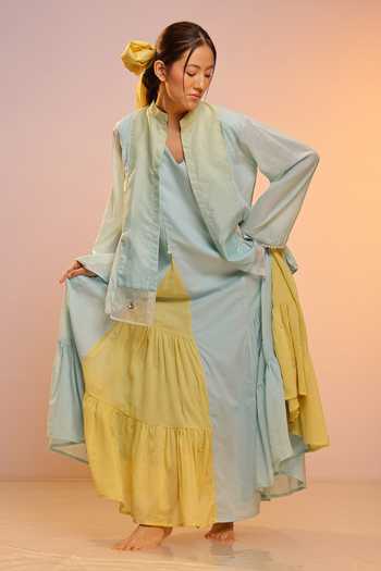 Shop_OurDve_Blue Mandarin Collar Blush Pearl Mul Jacket _Online_at_Aza_Fashions