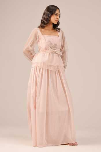 OurDve_Pink Linen, Organza Square , Open Flora Dress And Jacket Set _Online