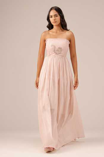 Buy_OurDve_Pink Linen, Organza Square , Open Flora Dress And Jacket Set _Online