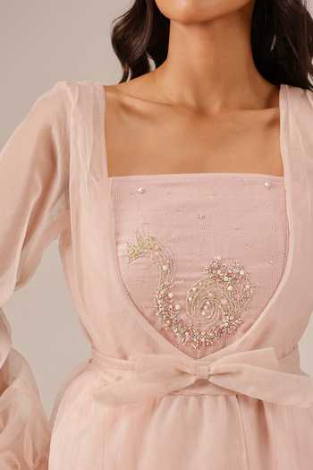 Shop_OurDve_Pink Linen, Organza Square , Open Flora Dress And Jacket Set _Online