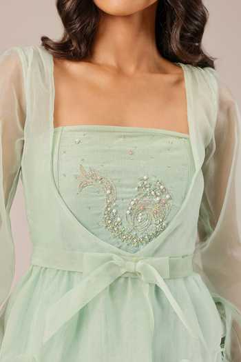 OurDve_Mint Organza V-neck Flora Jacket _Online_at_Aza_Fashions