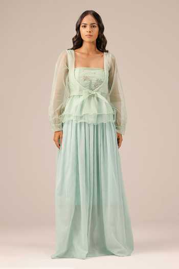 Buy_OurDve_Mint Organza V-neck Flora Jacket _at_Aza_Fashions