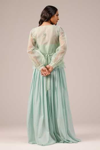 Shop_OurDve_Mint Organza V-neck Flora Jacket _at_Aza_Fashions