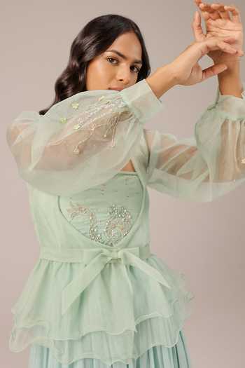 Buy_OurDve_Mint Organza V-neck Flora Jacket _Online_at_Aza_Fashions