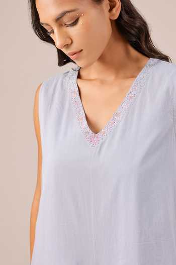 OurDve_Blue Cotton V-neck Ocean Dusk Sleeveless Dress _Online_at_Aza_Fashions