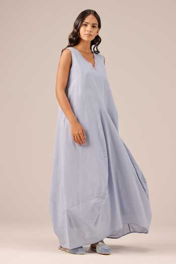 Buy_OurDve_Blue Cotton V-neck Ocean Dusk Sleeveless Dress _Online_at_Aza_Fashions