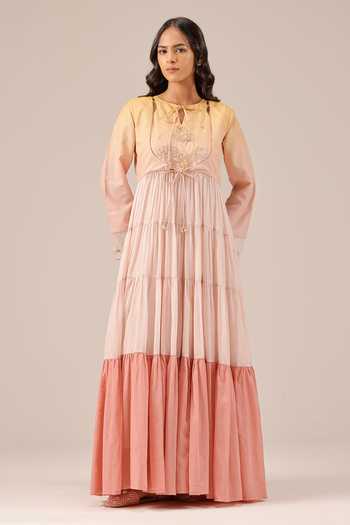 Buy_OurDve_Pink Linen Keyhole Neck Sea Salt Tiered Maxi Dress _at_Aza_Fashions
