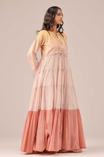Shop_OurDve_Pink Linen Keyhole Neck Sea Salt Tiered Maxi Dress _at_Aza_Fashions