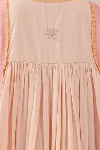 Shop_OurDve_Cream Cotton, Organza V-, Shawl Merry Dress And Jacket Set _Online